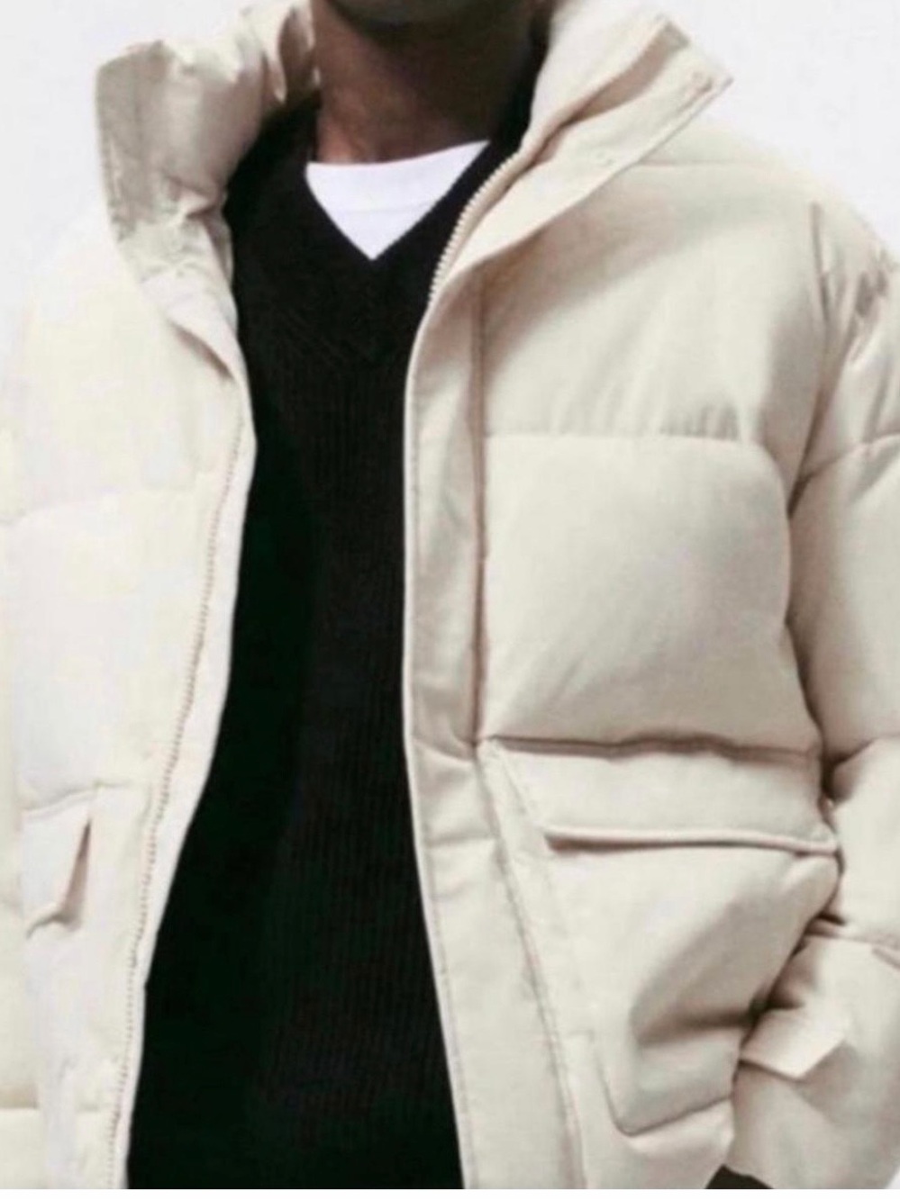 Zara Men's Cream Puffer Jacket with High Collar